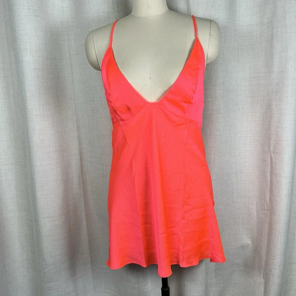 NEW! Intimately Free People Hang On Halter Neon Pink Slip‎ Dress Large Sexy $50